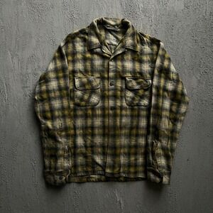 Vintage Pilgrim Flannel Shirt Medium Yellow 1950s Plaid Board Wool